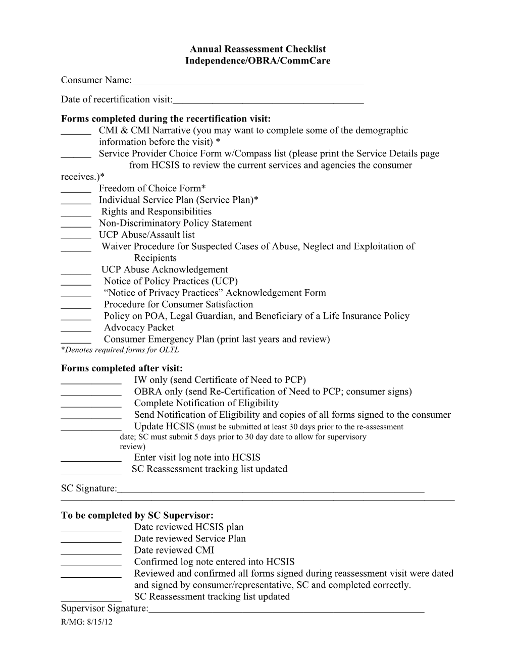 Checklist for New OBRA/Independence Waiver Consumers