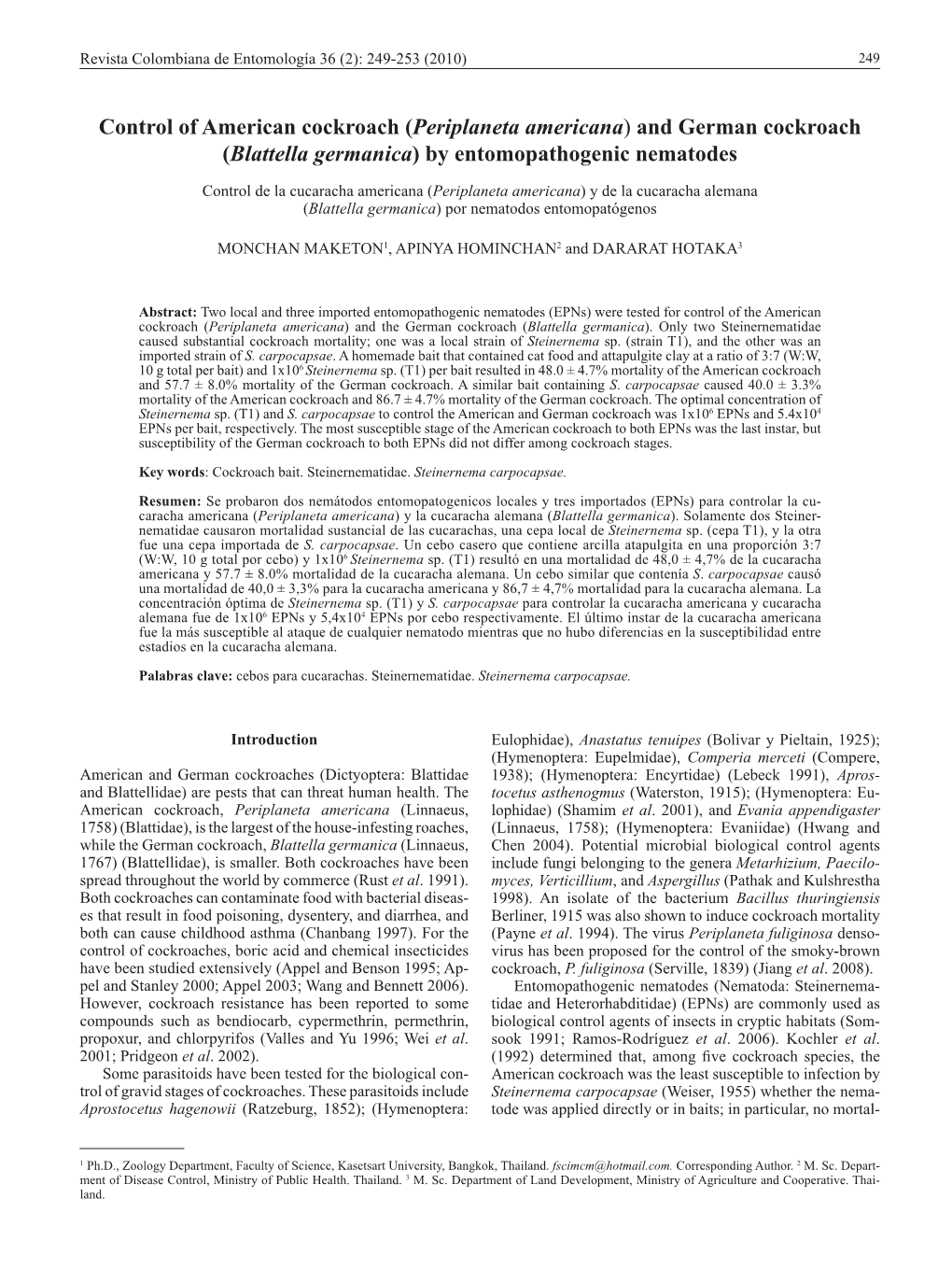 Control of American Cockroach (Periplaneta Americana) and German Cockroach (Blattella Germanica) by Entomopathogenic Nematodes