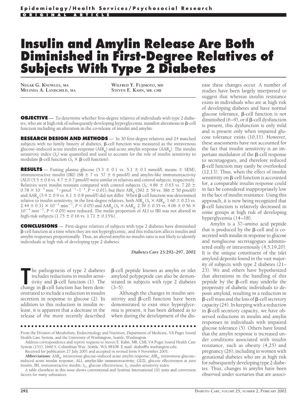 Insulin and Amylin Release Are Both Diminished in First-Degree Relatives of Subjects with Type 2 Diabetes