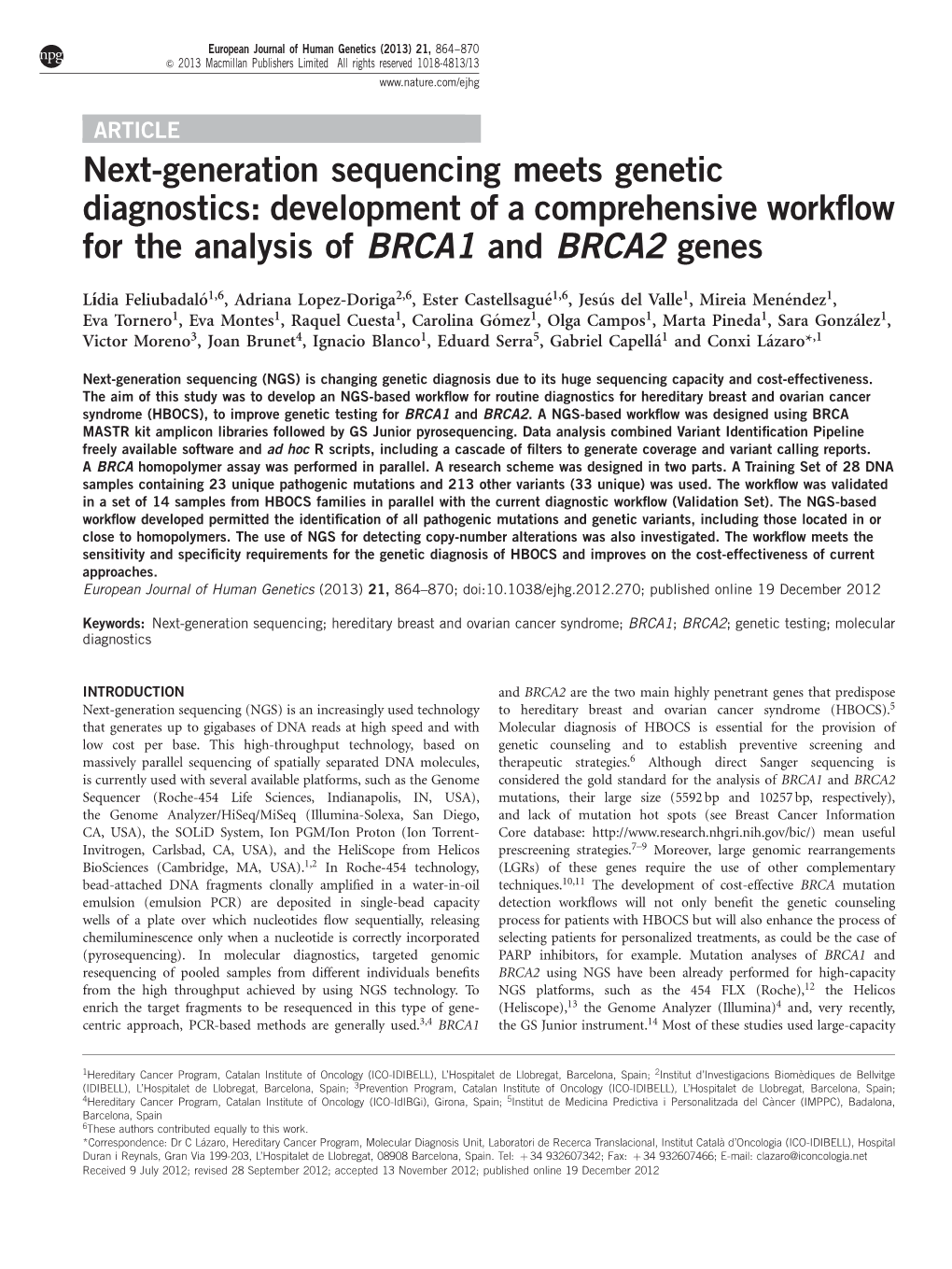 Next-Generation Sequencing Meets Genetic Diagnostics: Development of a Comprehensive Workﬂow for the Analysis of BRCA1 and BRCA2 Genes