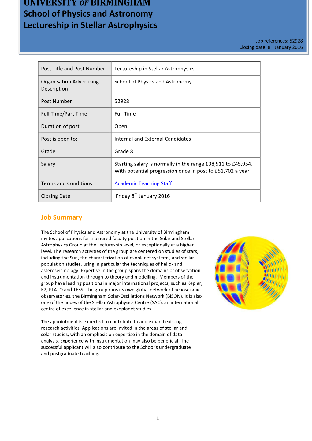 UNIVERSITY of BIRMINGHAM School of Physics and Astronomy Lectureship in Stellar Astrophysics