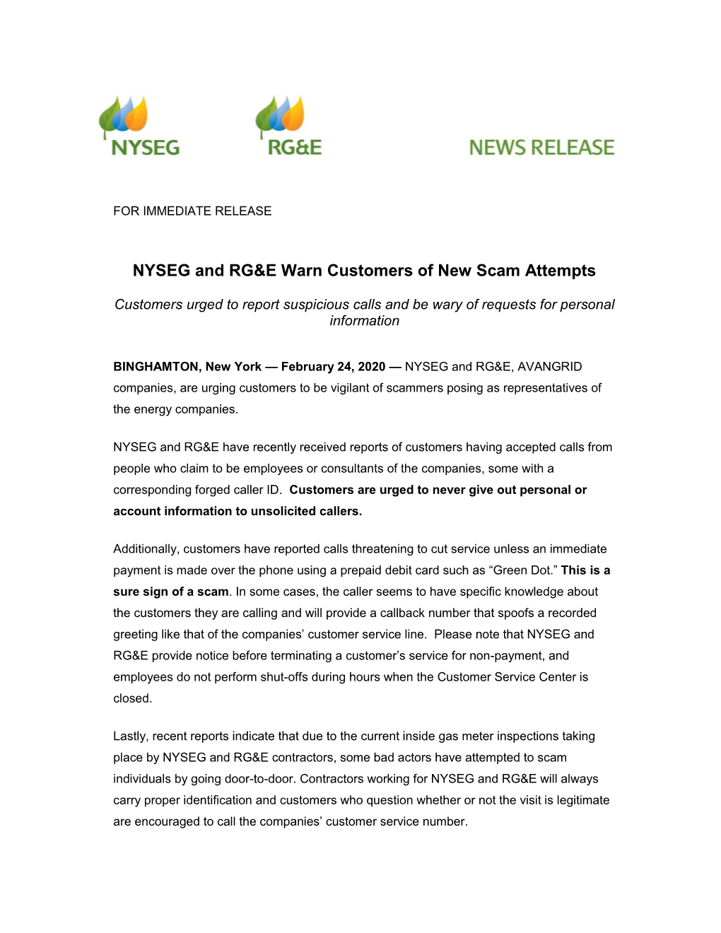 NYSEG and RG&E Warn Customers of New Scam Attempts