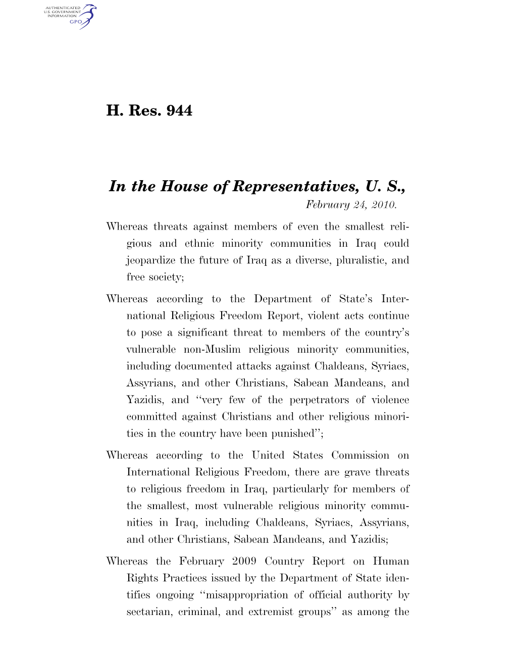 H. Res. 944 in the House of Representatives, U