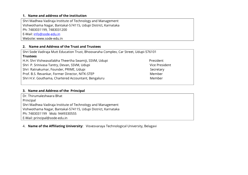 1. Name and Address of the Institution Shri Madhwa Vadiraja Institute Of