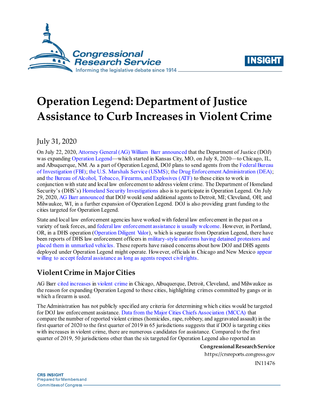 Operation Legend: Department of Justice Assistance to Curb Increases in Violent Crime