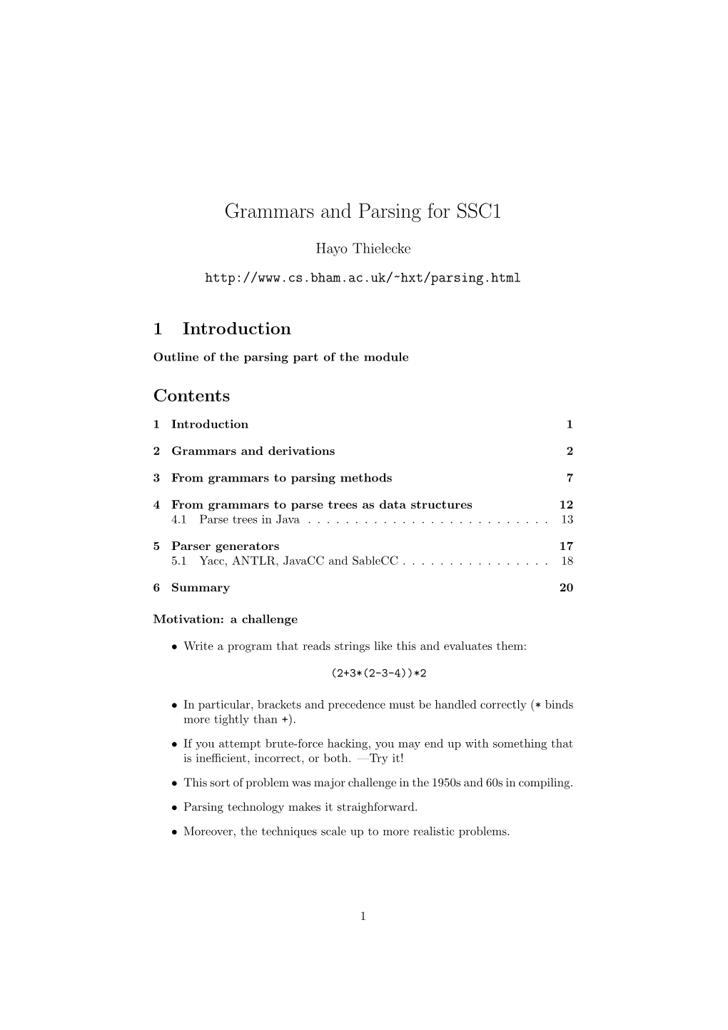 Grammars and Parsing for SSC1
