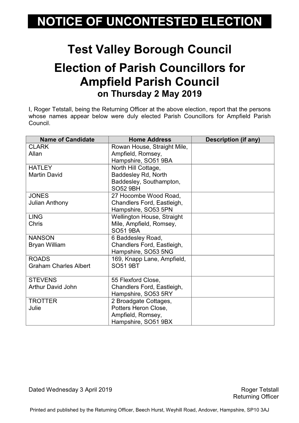 Notice of Uncontested Election