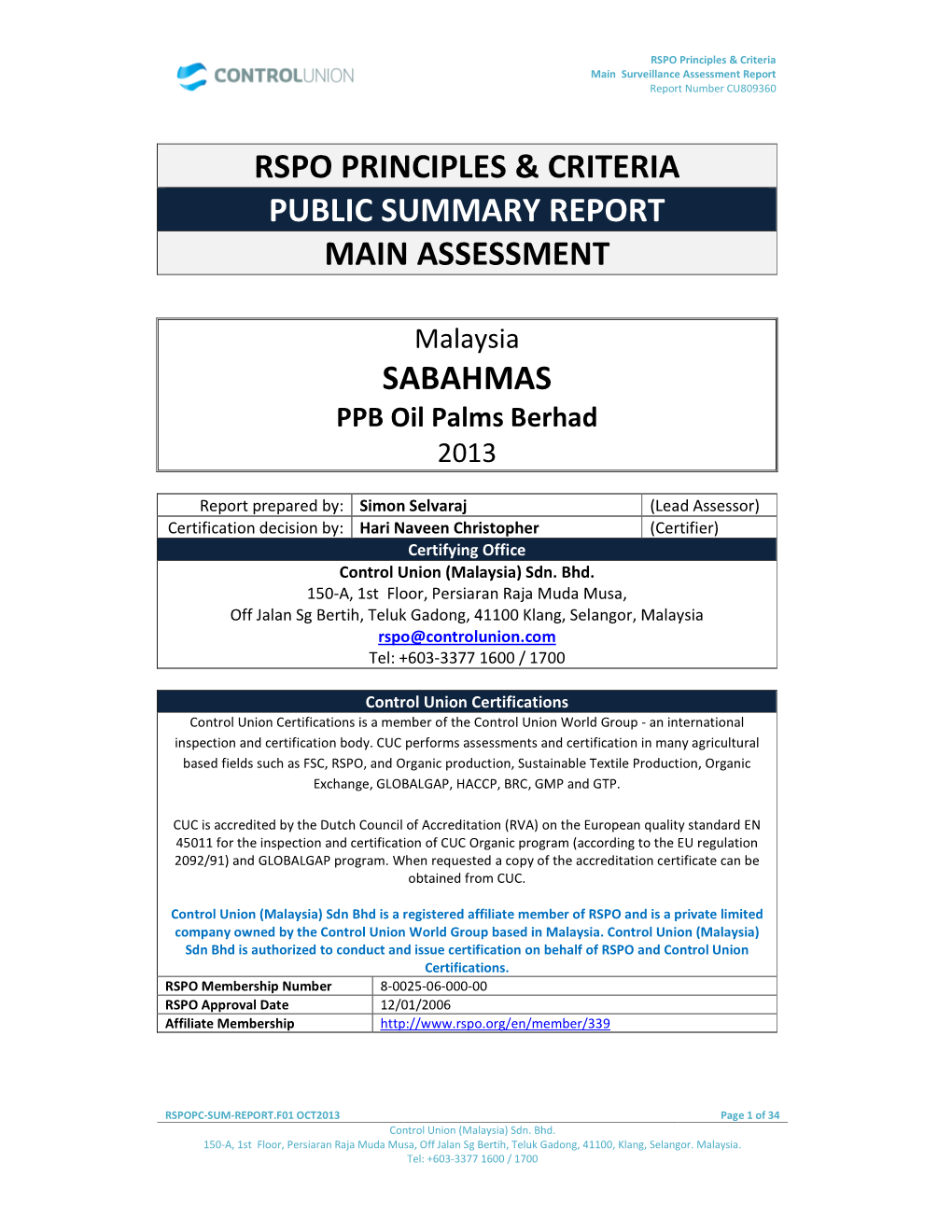 Rspo Principles & Criteria Public Summary Report Main Assessment Sabahmas