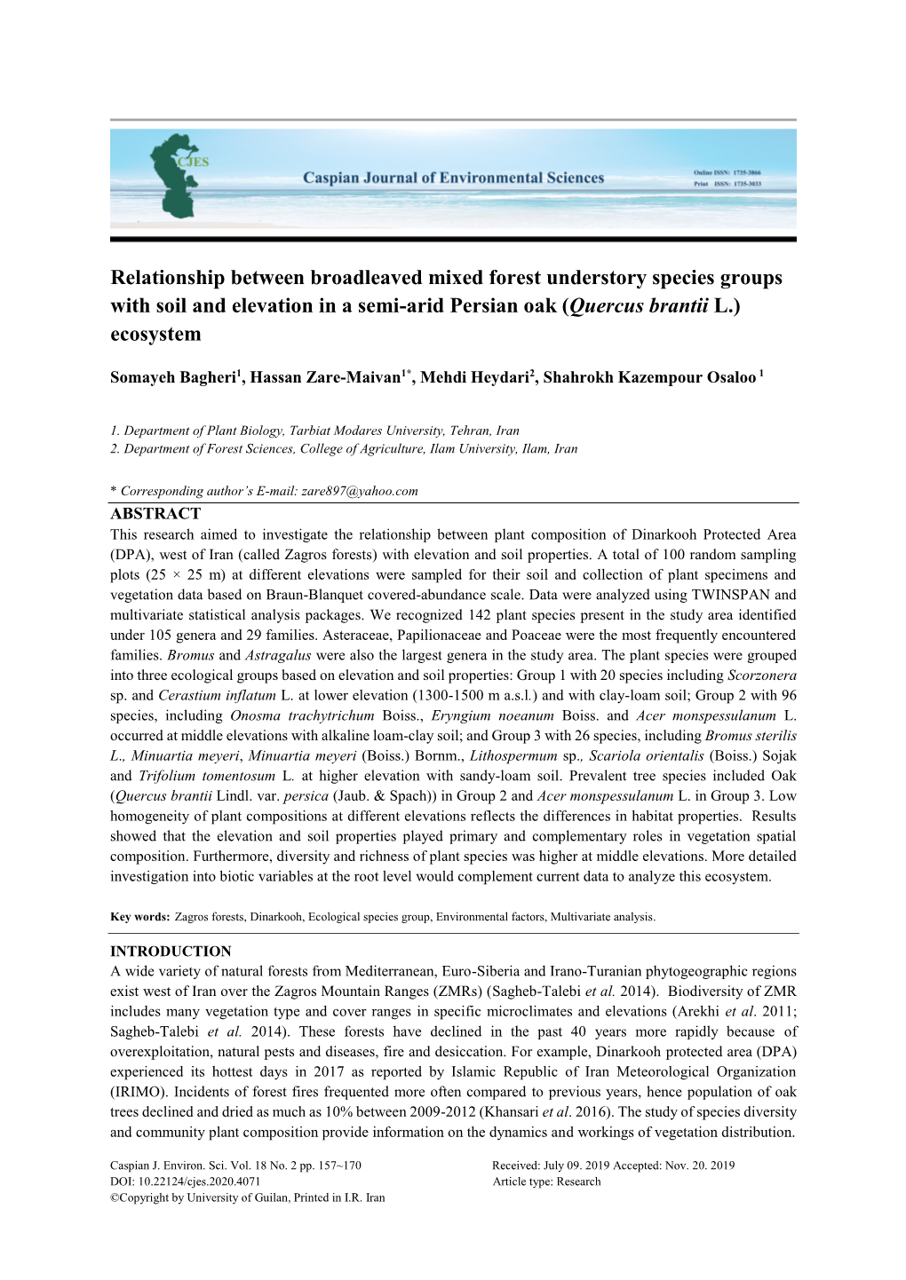 Relationship Between Broadleaved Mixed Forest Understory Species Groups with Soil and Elevation in a Semi-Arid Persian Oak (Quercus Brantii L.) Ecosystem