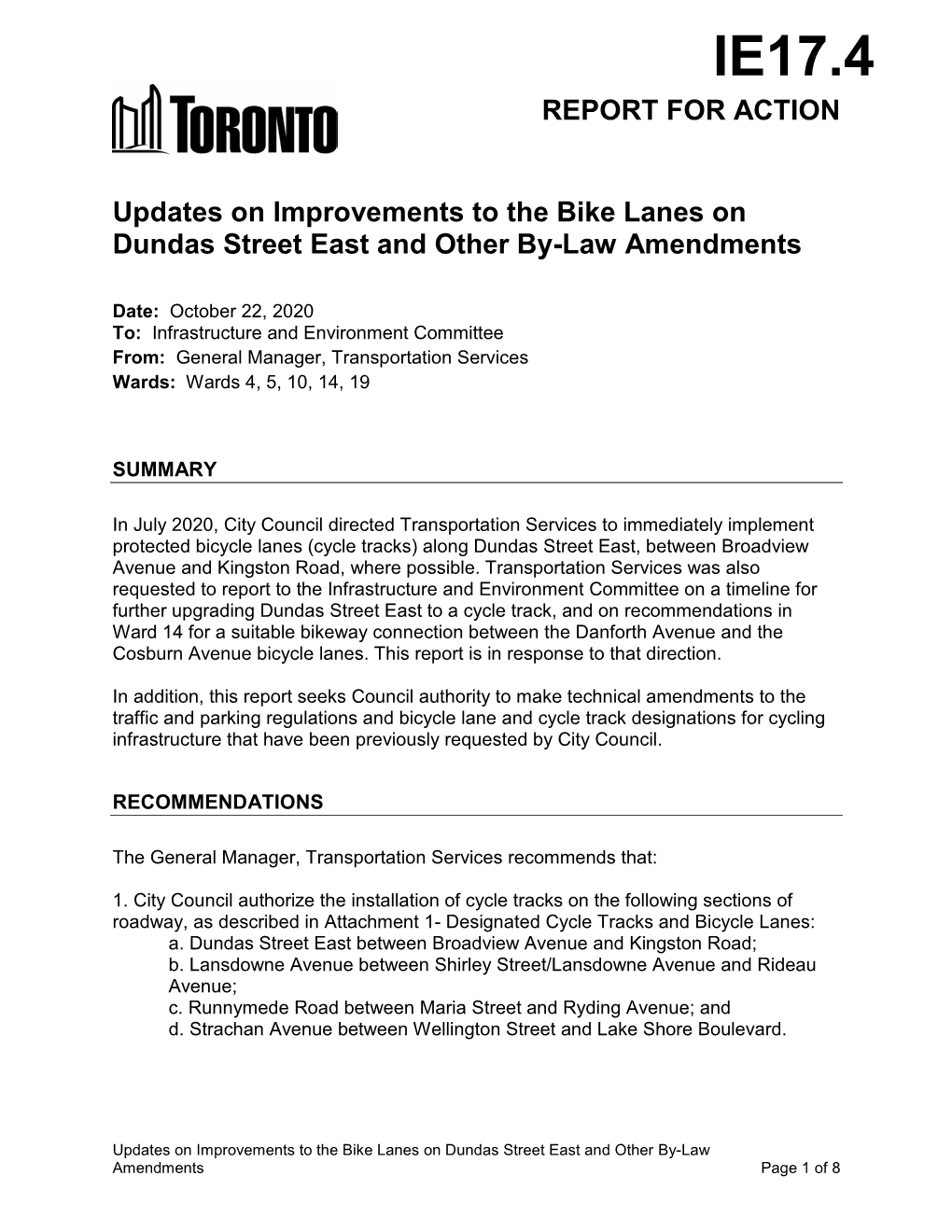 Updates on Improvements to the Bike Lanes on Dundas Street East and Other By-Law Amendments