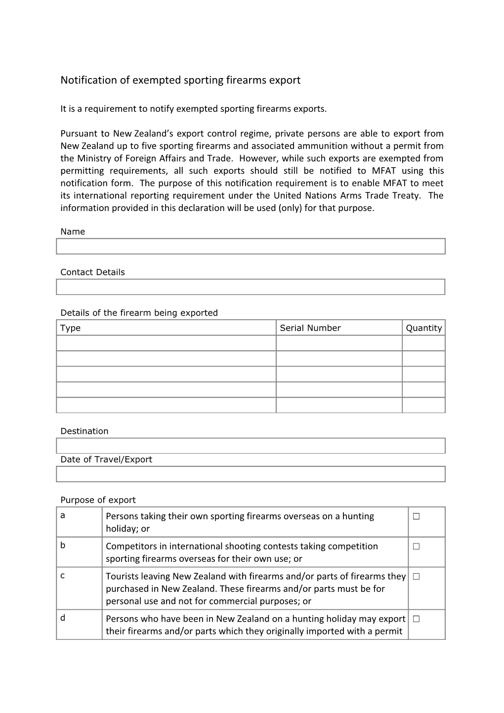 Notification of Exempted Sporting Firearms Export