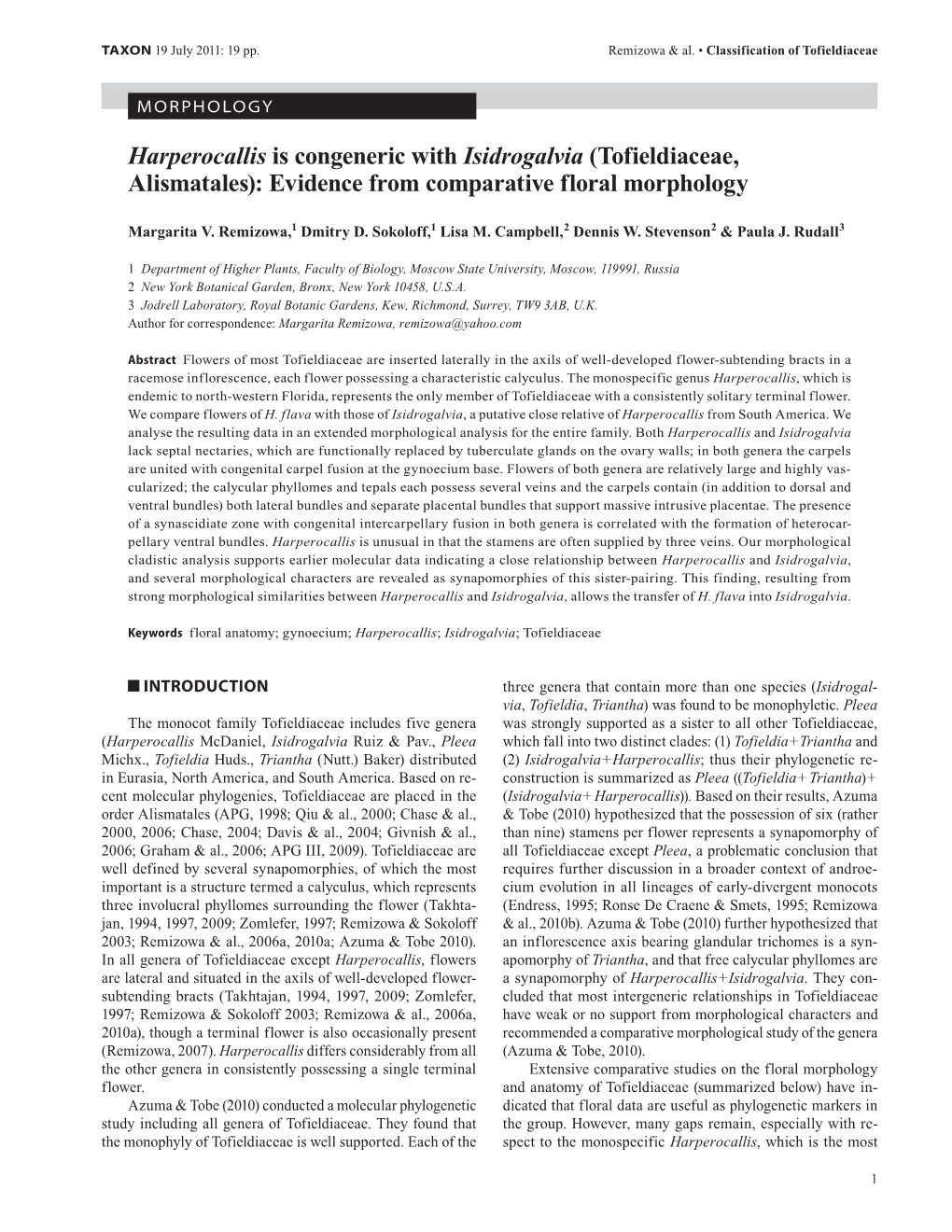 Harperocallis Is Congeneric with Isidrogalvia (Tofieldiaceae, Alismatales): Evidence from Comparative Floral Morphology