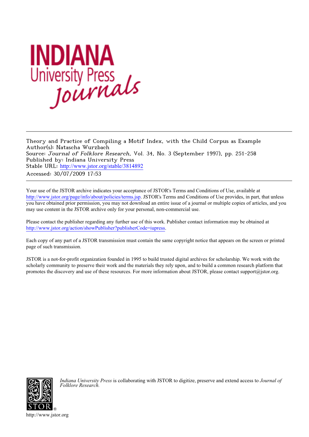 Theory and Practice of Compiling a Motif Index, with the Child Corpus As Example Author(S): Natascha Wurzbach Source: Journal of Folklore Research, Vol