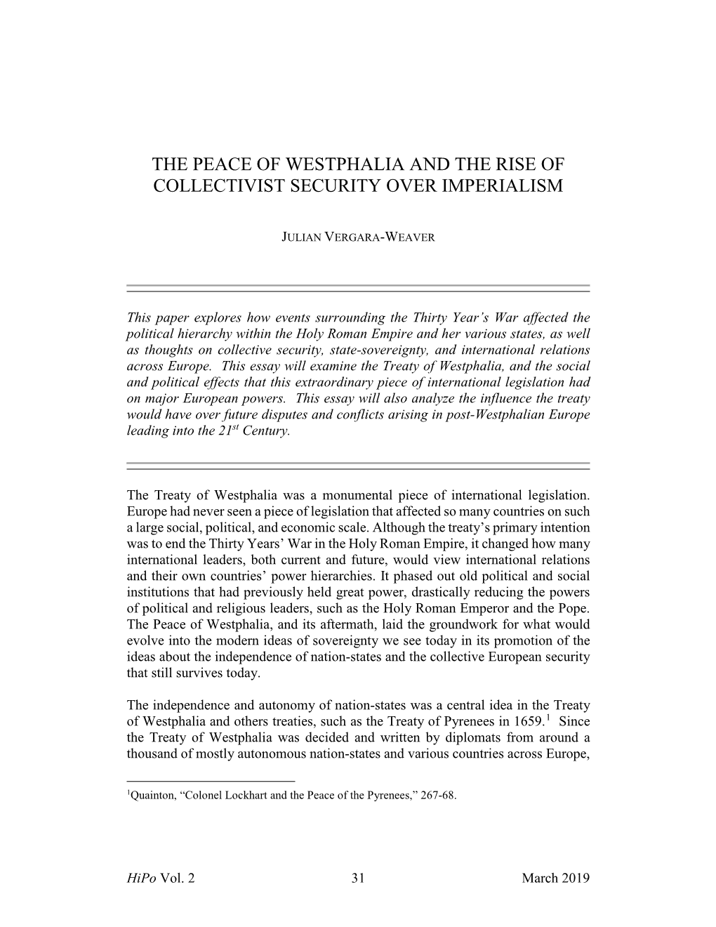 The Peace of Westphalia and the Rise of Collectivist Security Over Imperialism