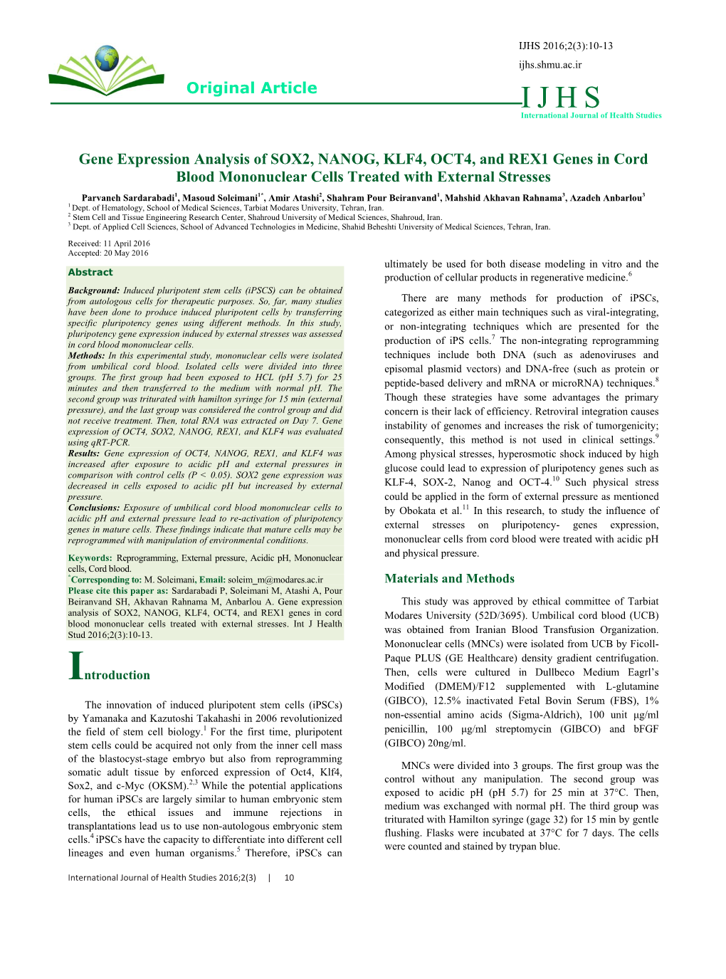 Original Article Gene Expression Analysis of SOX2, NANOG, KLF4