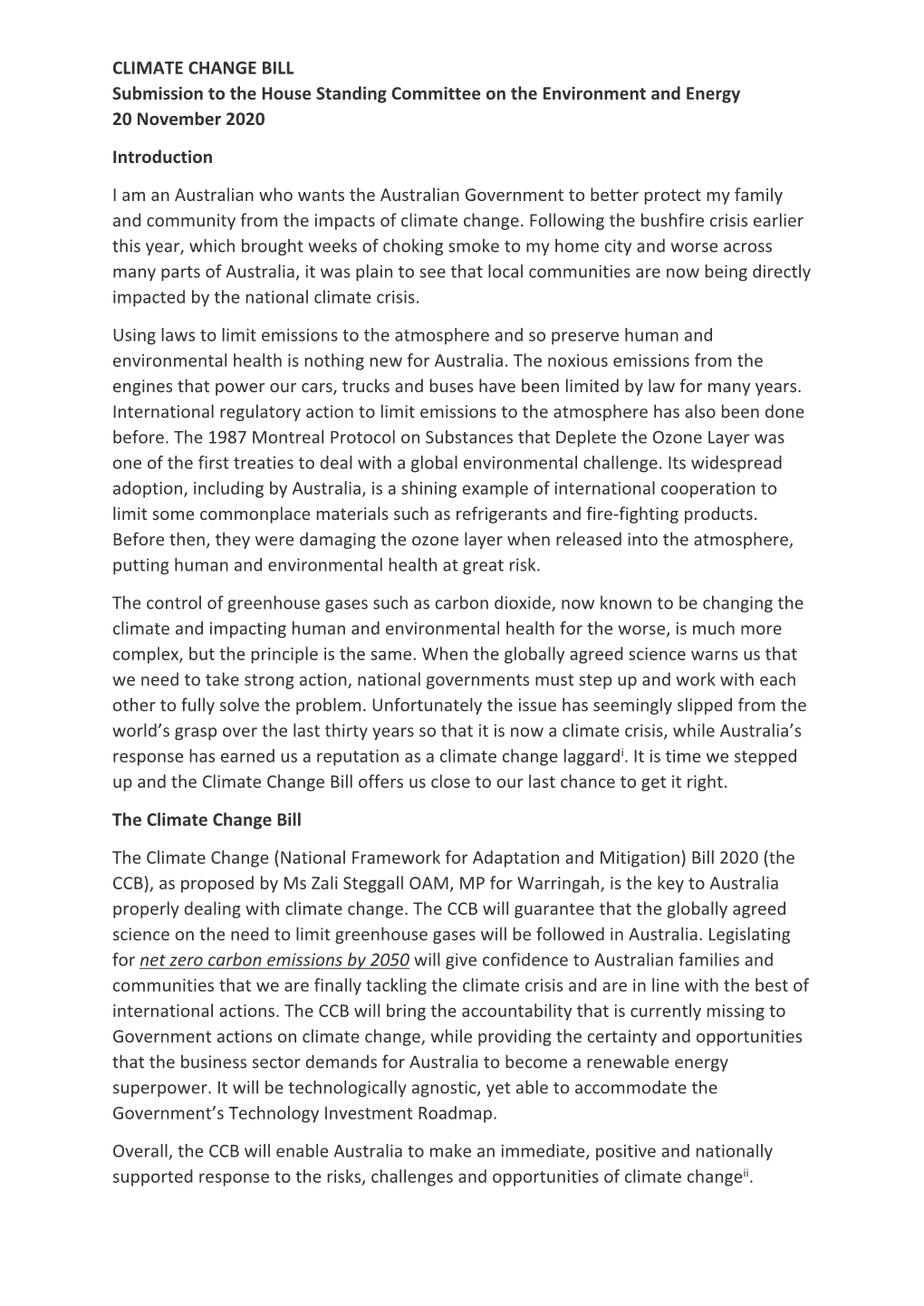 CLIMATE CHANGE BILL Submission to the House Standing Committee