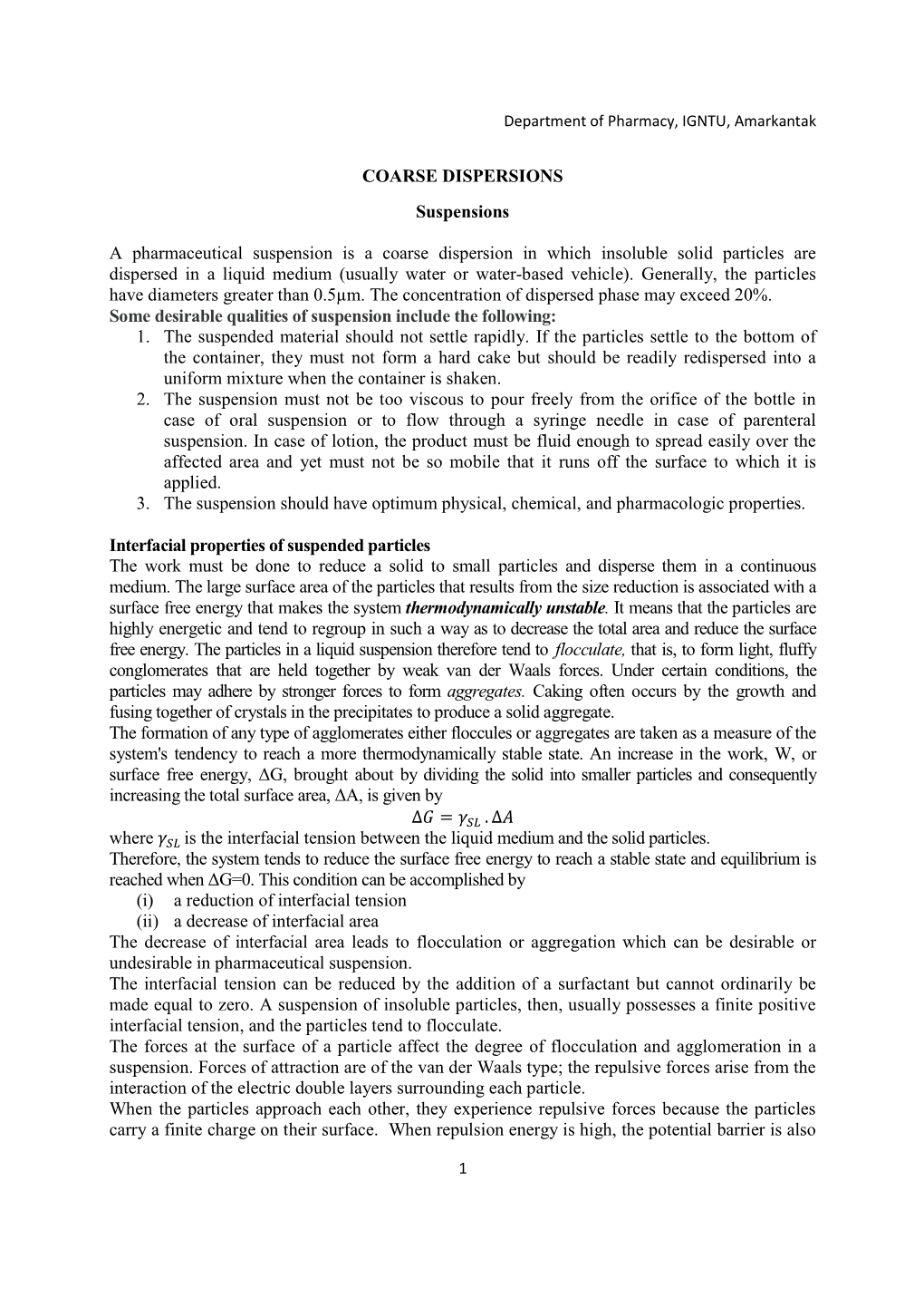 COARSE DISPERSIONS Suspensions a Pharmaceutical