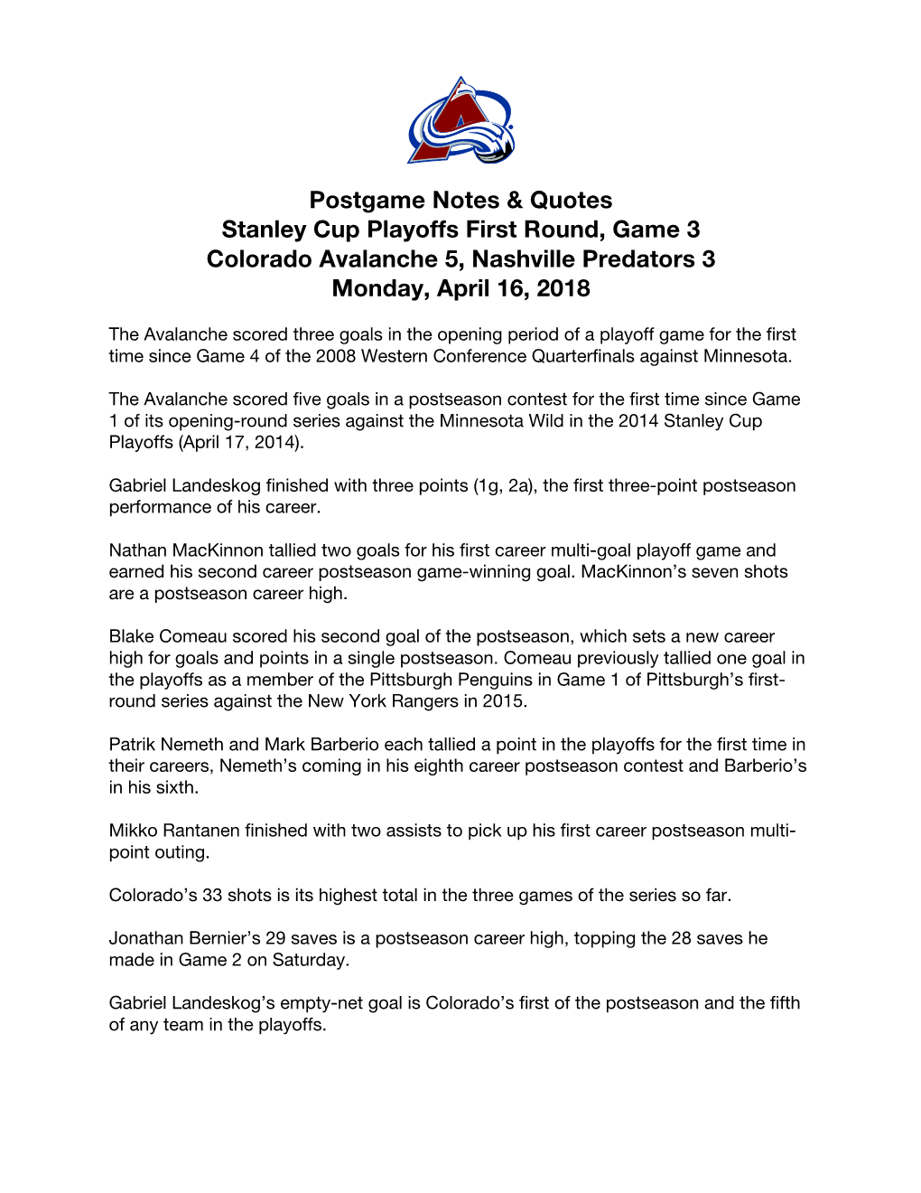 Postgame Notes & Quotes Stanley Cup Playoffs First Round, Game