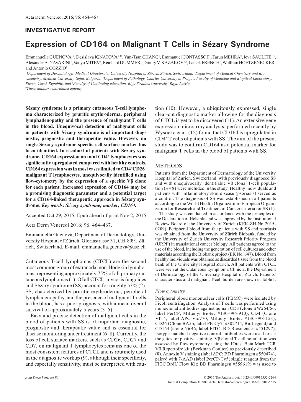 Expression of CD164 on Malignant T Cells in Sézary Syndrome