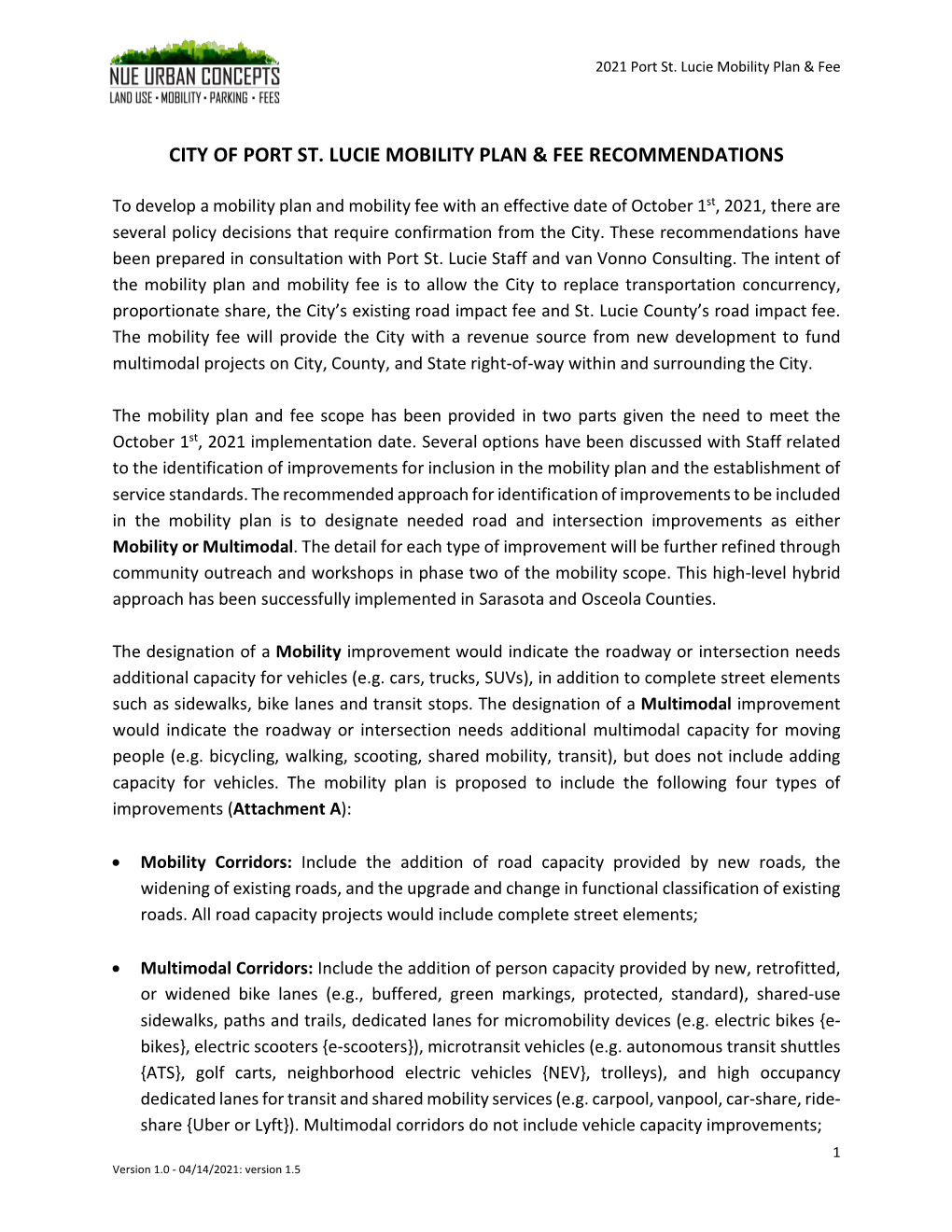 City of Port St. Lucie Mobility Plan & Fee Recommendations