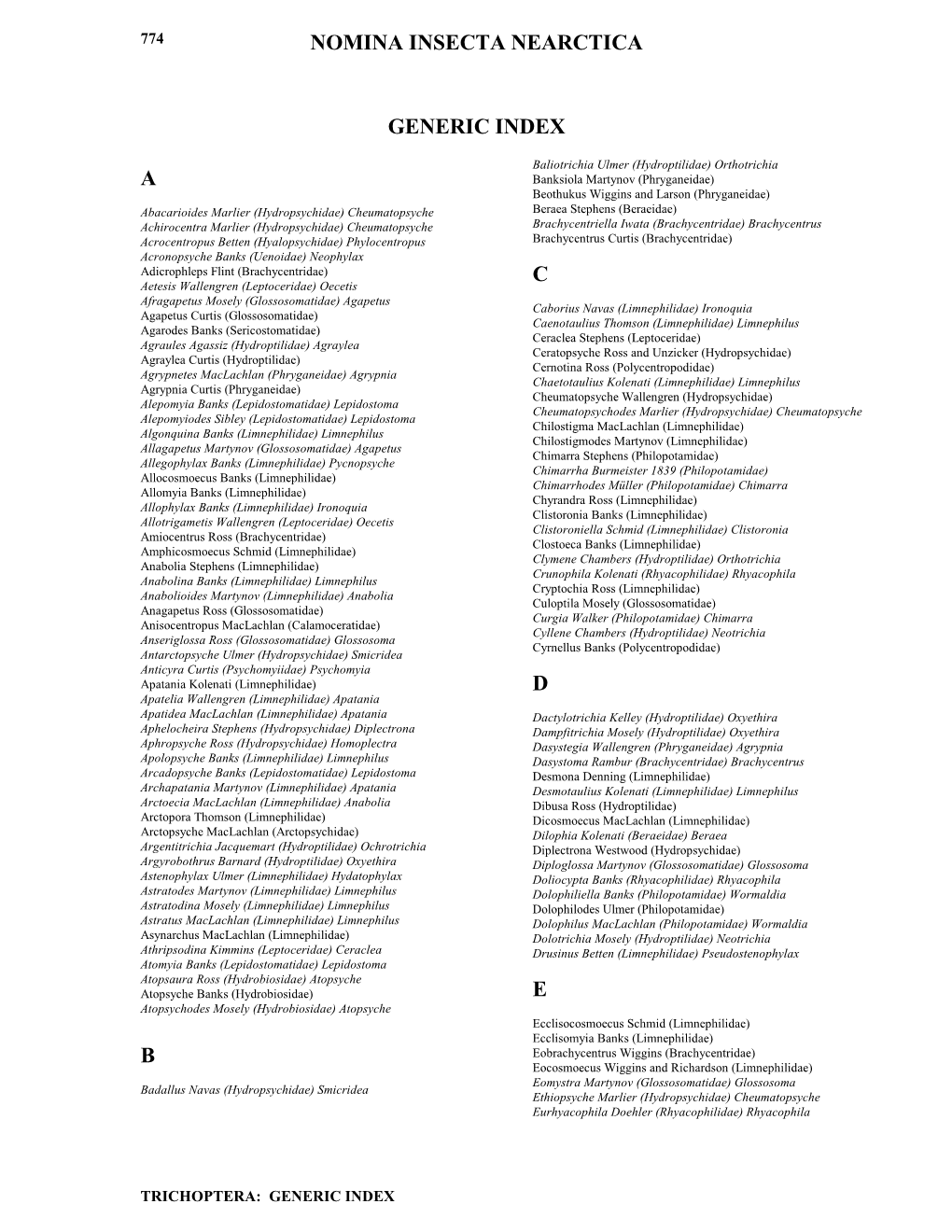 Nomina Insecta Nearctica a B C D E Generic Index