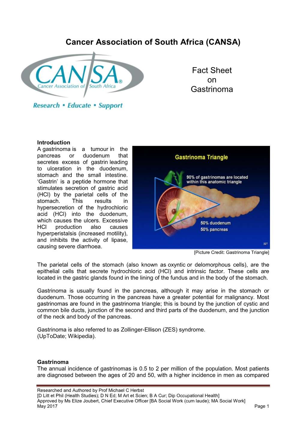 Cancer Association of South Africa (CANSA) Fact Sheet on Gastrinoma