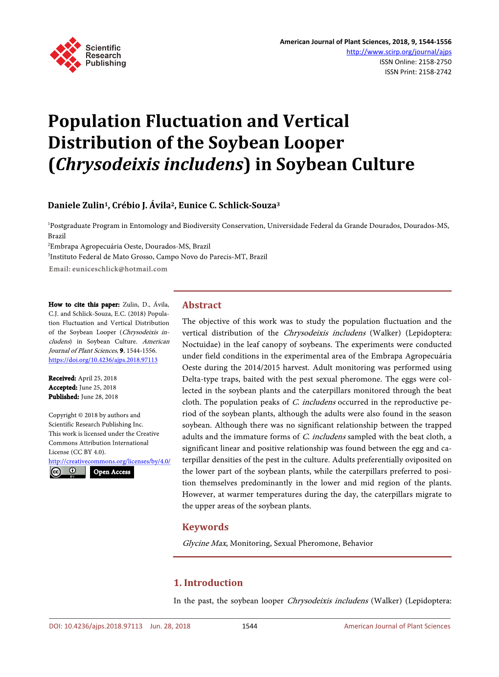 Population Fluctuation and Vertical Distribution of the Soybean Looper (Chrysodeixis Includens) in Soybean Culture