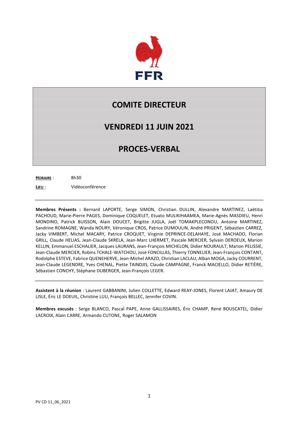 Comite Directeur Vendredi 11 Juin 2021 Proces-Verbal