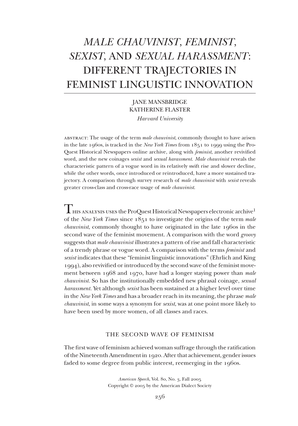 Male Chauvinist, Feminist, Sexist, and Sexual Harassment: Different Trajectories in Feminist Linguistic Innovation