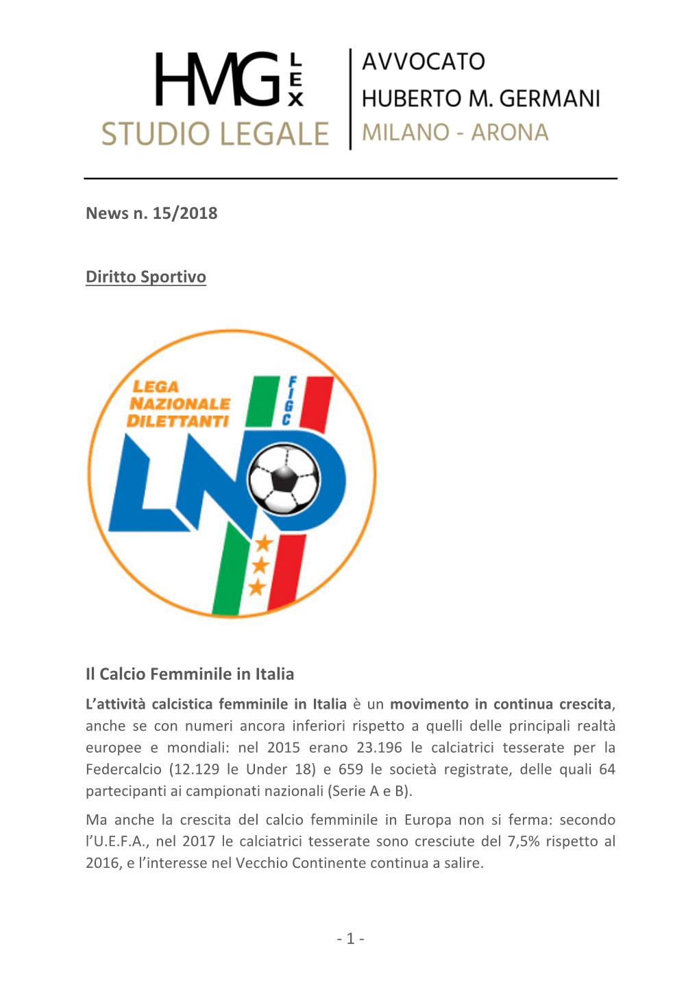 News N. 15/2018 Diritto Sportivo Il Calcio Femminile in Italia
