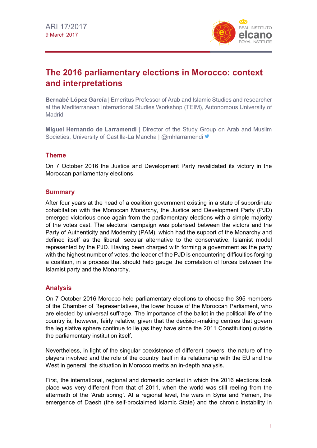 The 2016 Parliamentary Elections in Morocco: Context and Interpretations