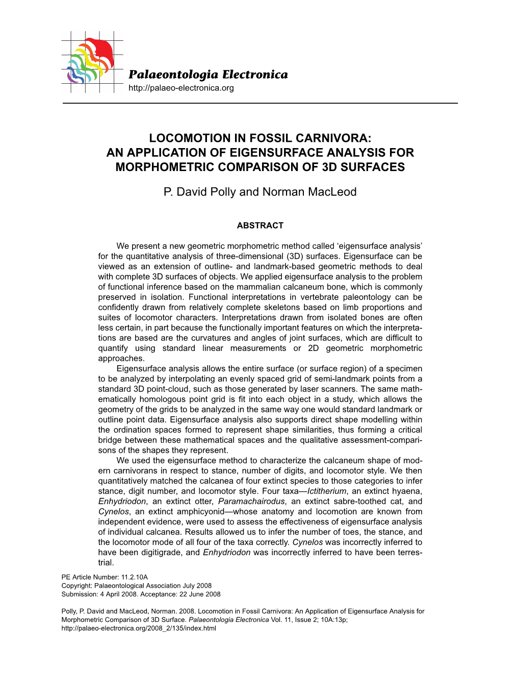 Locomotion in Fossil Carnivora: an Application of Eigensurface Analysis for Morphometric Comparison of 3D Surfaces