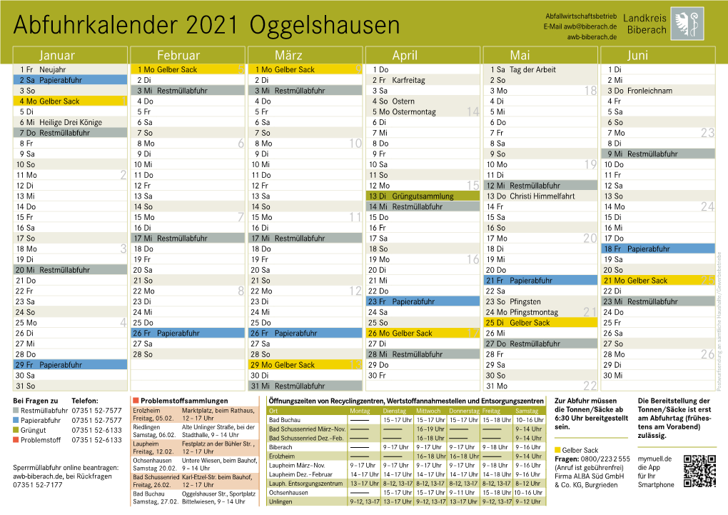 Abfuhrkalender 2021 Oggelshausen