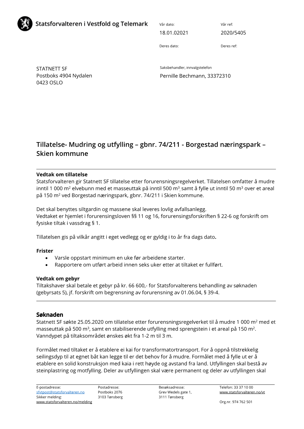 Tillatelse- Mudring Og Utfylling – Gbnr. 74/211 - Borgestad Næringspark – Skien Kommune