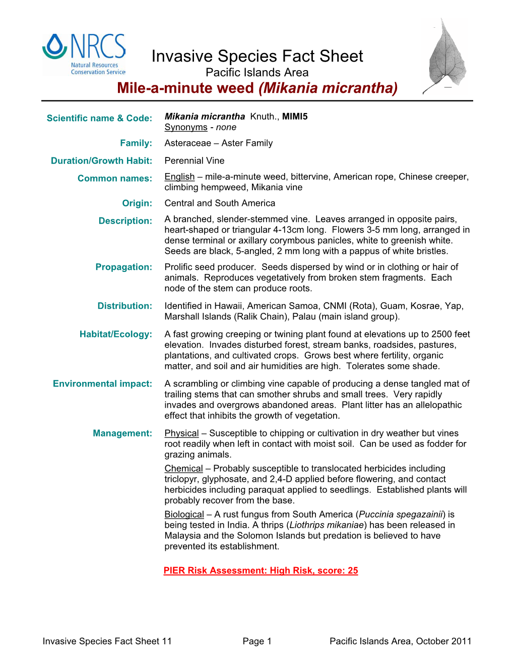 Invasive Species Fact Sheet Pacific Islands Area Mile-A-Minute Weed (Mikania Micrantha)