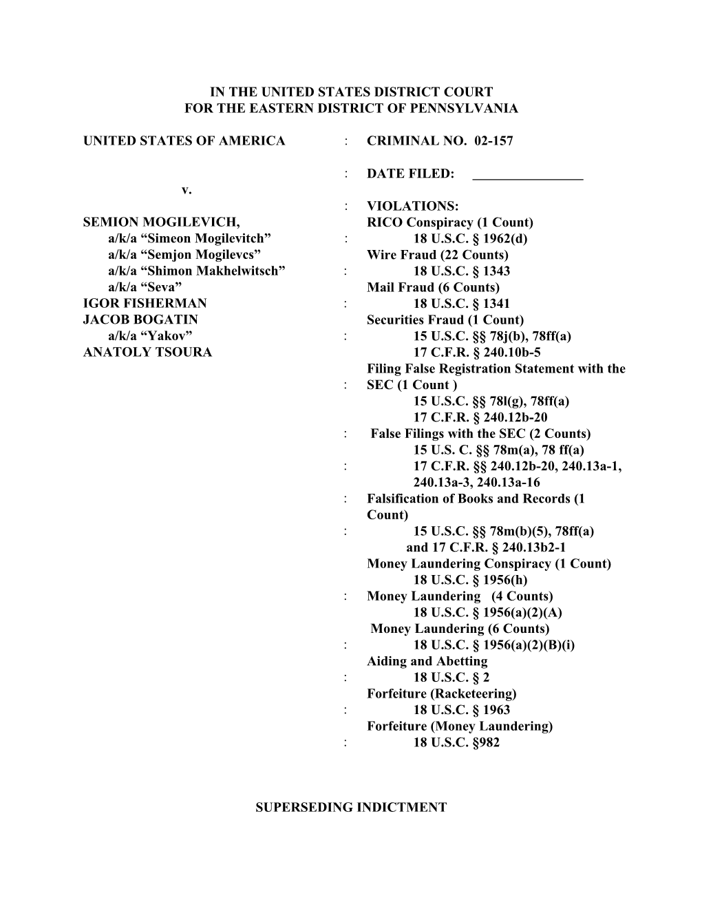 Justice Department's Indictment of Semion Mogilevich
