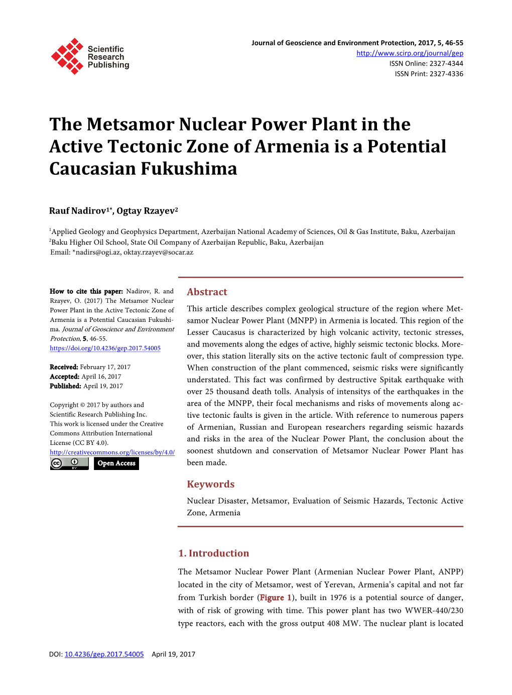 The Metsamor Nuclear Power Plant in the Active Tectonic Zone of Armenia Is a Potential Caucasian Fukushima