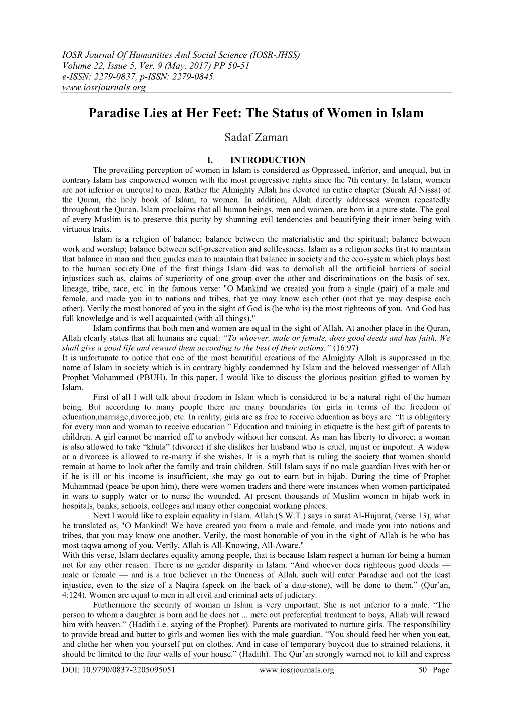 Paradise Lies at Her Feet: the Status of Women in Islam