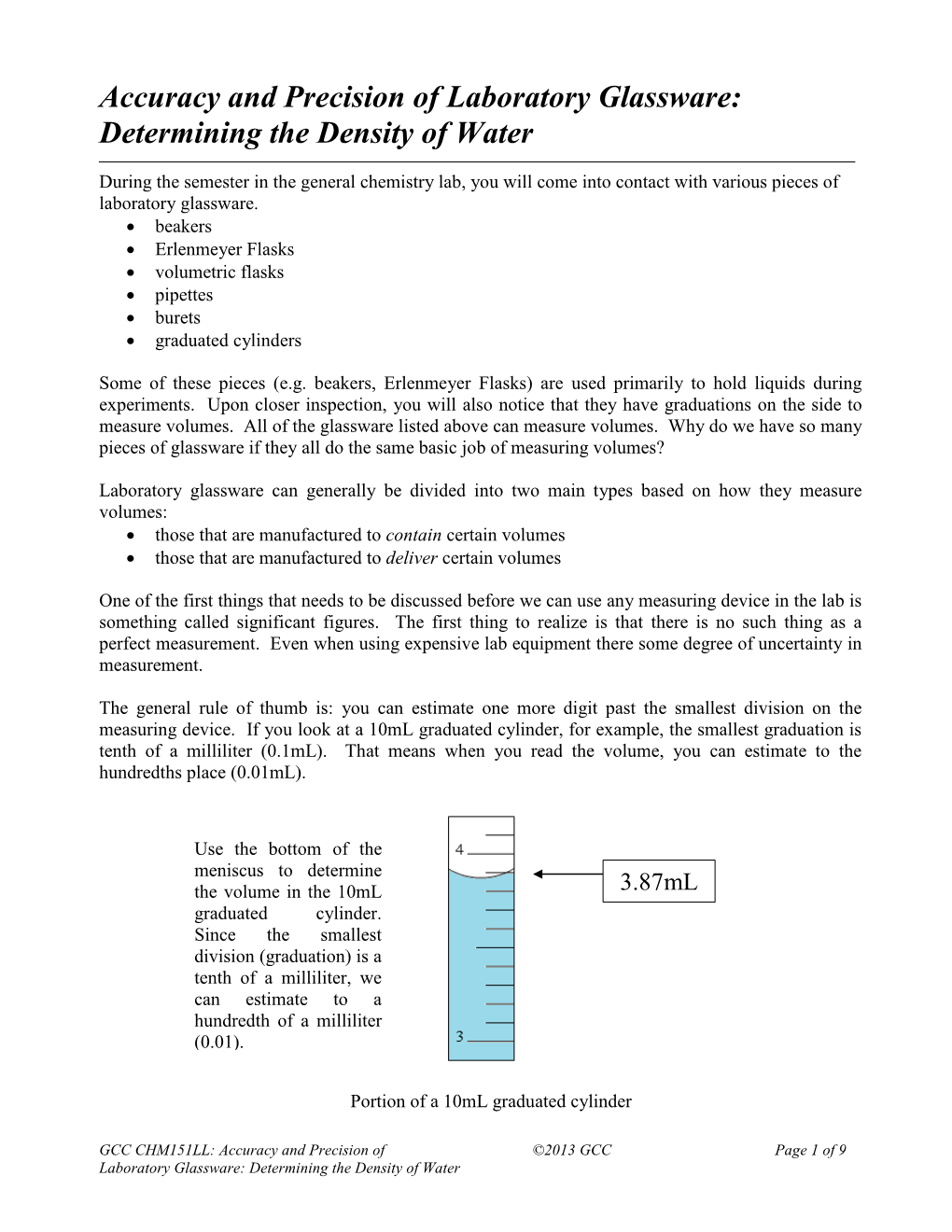 Accuracy and Precision of Laboratory Glassware: Determining the Density of Water