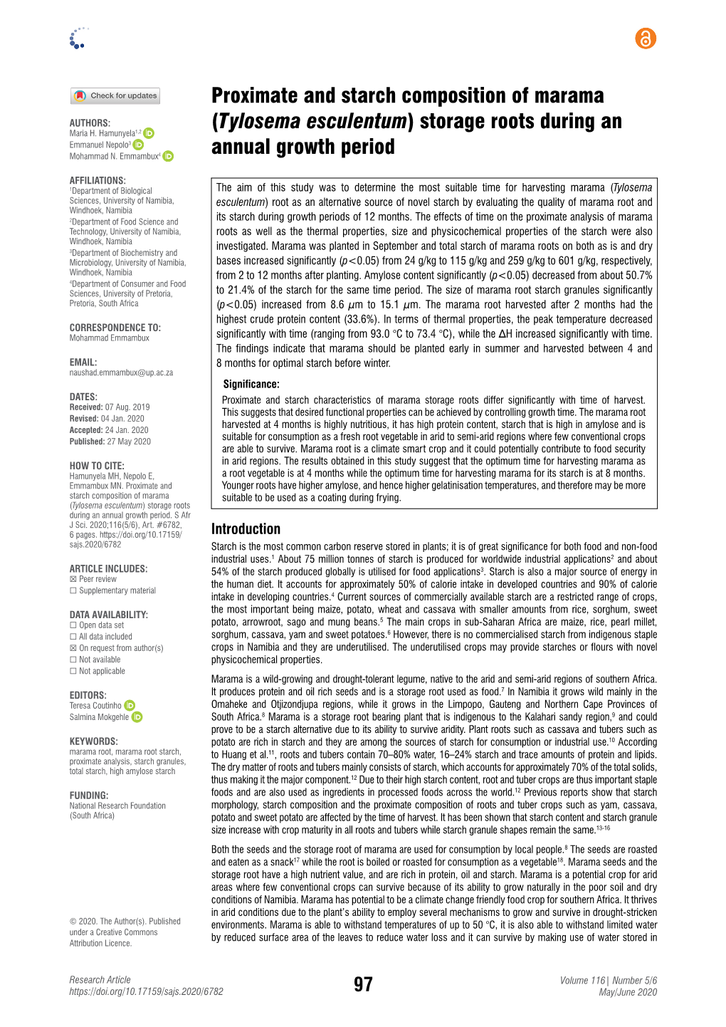 Proximate and Starch Composition of Marama (Tylosema Esculentum)