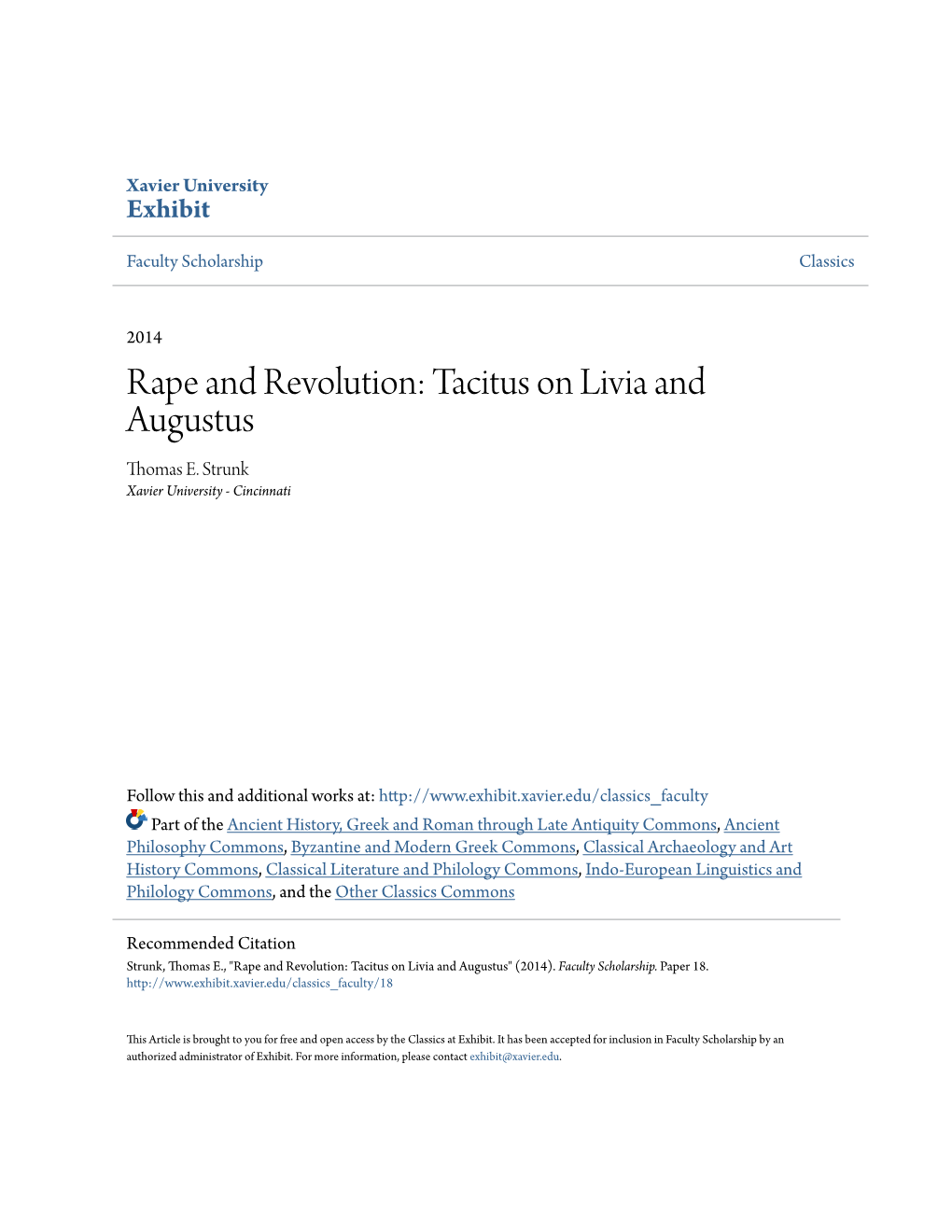 Rape and Revolution: Tacitus on Livia and Augustus Thomas E