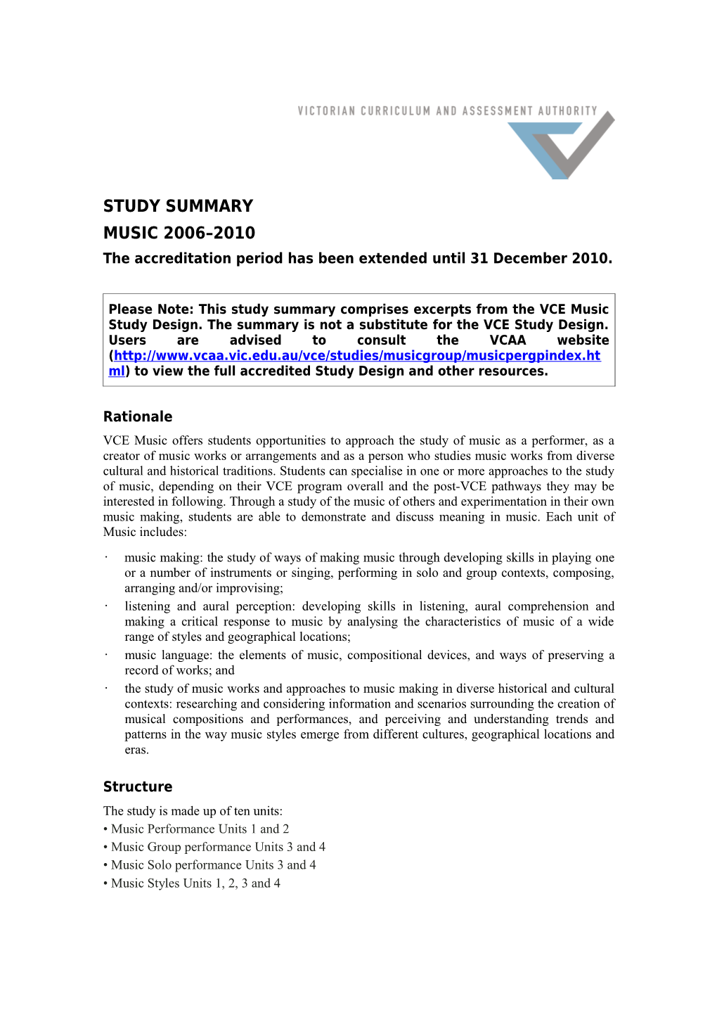 Vce Music 2006 2010 Study Summary