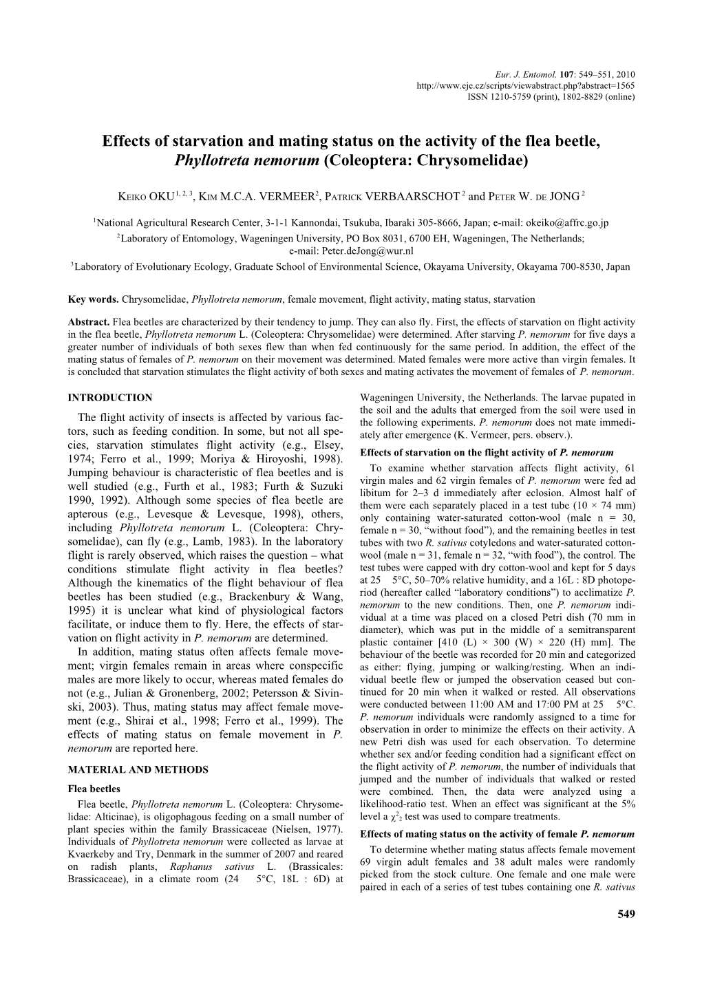 Effects of Starvation and Mating Status on the Activity of the Flea Beetle, Phyllotreta Nemorum (Coleoptera: Chrysomelidae)