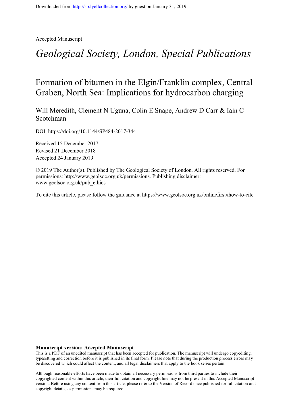 Formation of Bitumen in the Elgin/Franklin Complex, Central Graben, North Sea: Implications for Hydrocarbon Charging