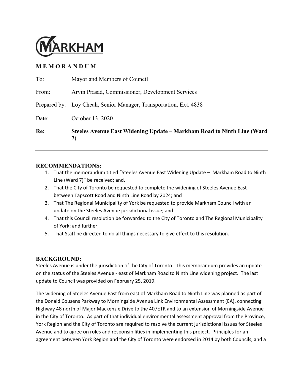 Steeles Avenue East Widening Update – Markham Road to Ninth Line (Ward 7)