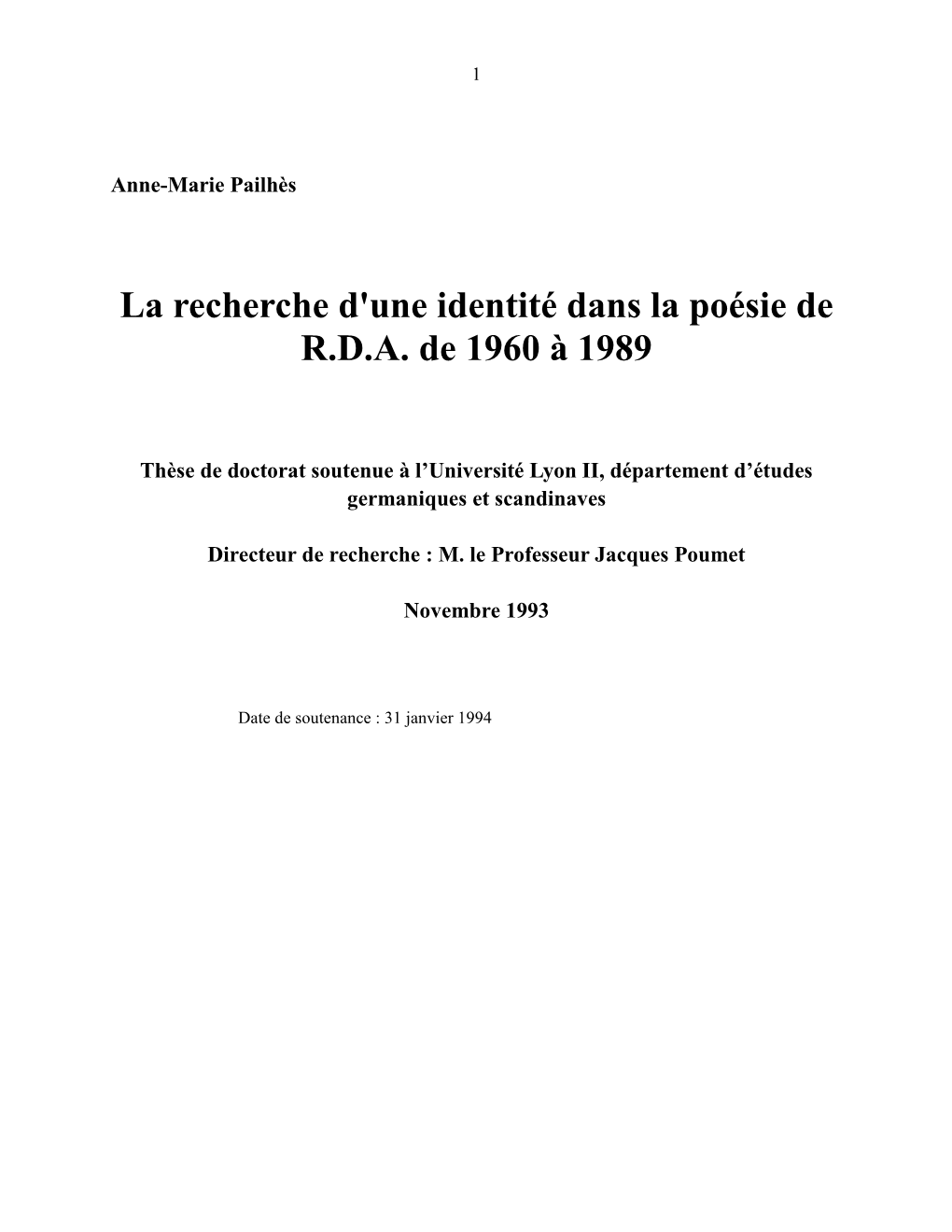 La Recherche D'une Identité Dans La Poésie De RDA De 1960 À 1989