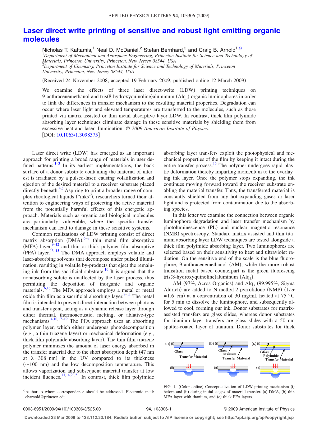 Laser Direct Write Printing of Sensitive and Robust Light Emitting Organic Molecules ͒ Nicholas T