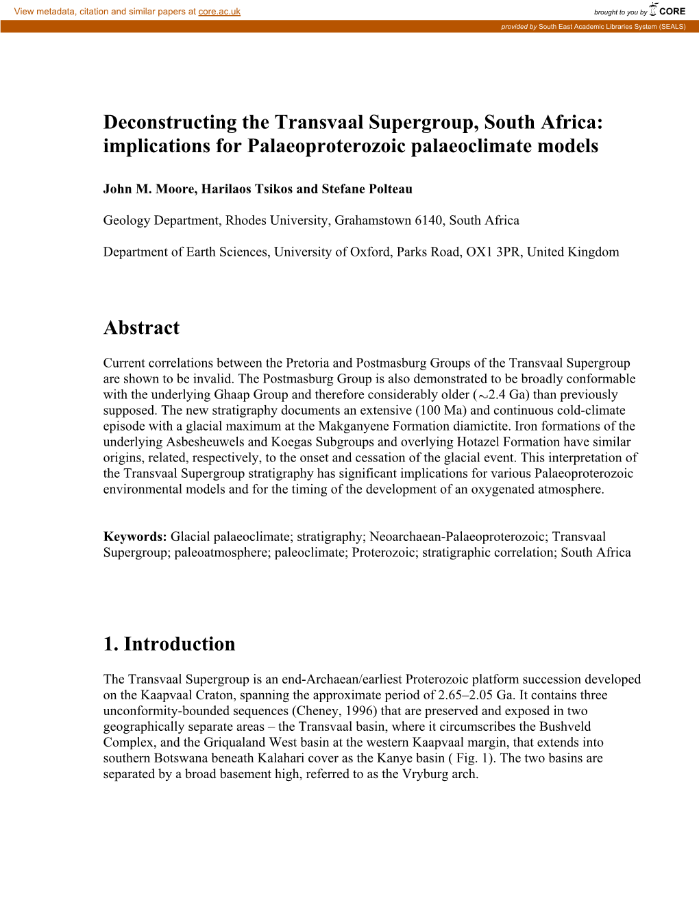 Deconstructing the Transvaal Supergroup, South Africa: Implications for Palaeoproterozoic Palaeoclimate Models