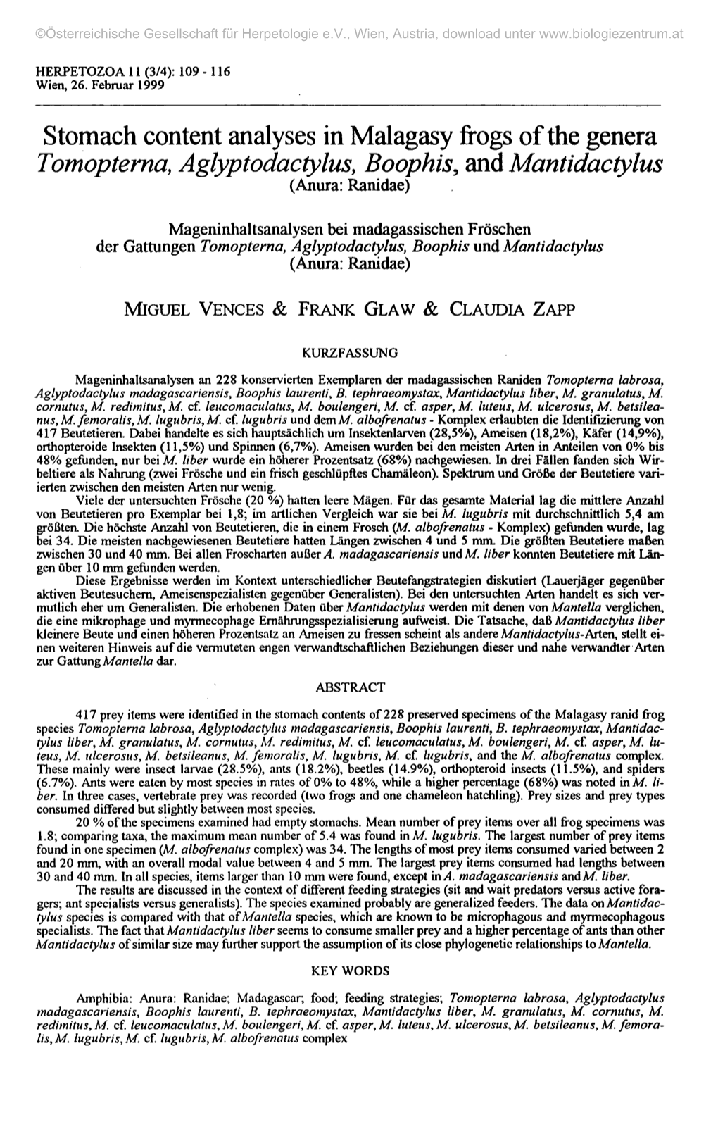 Stomach Content Analyses in Malagasy Frogs of the Genera Tomopterna, Aglyptodactylus, Boophis, and Mantidactylus (Anura: Ranidae)