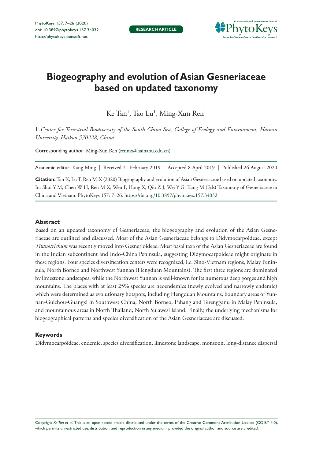 Biogeography and Evolution of Asian Gesneriaceae Based on Updated Taxonomy